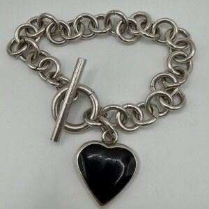 Vintage Mexican Sterling Silver Taxco Onyx Heart Rollo Link Bracelet 7.5'' 38g